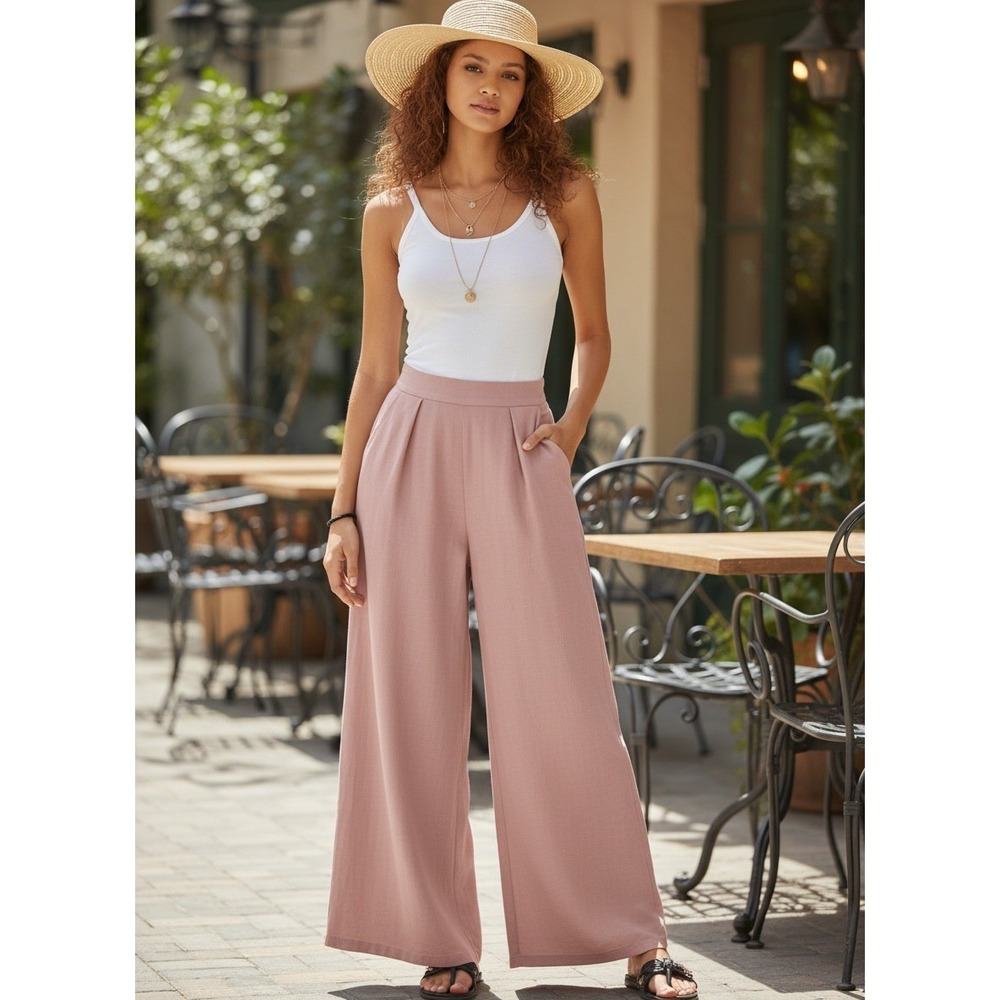 NOFLIK‎ Mauve 100% Cotton Wide Leg Pants Smocked Waist Coastal Relaxed S NWT